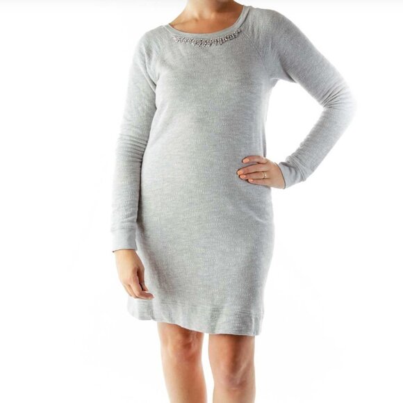 Kenar women's S long sleeve knee length sweatshirt dress w/ rhinestone details - Picture 1 of 8